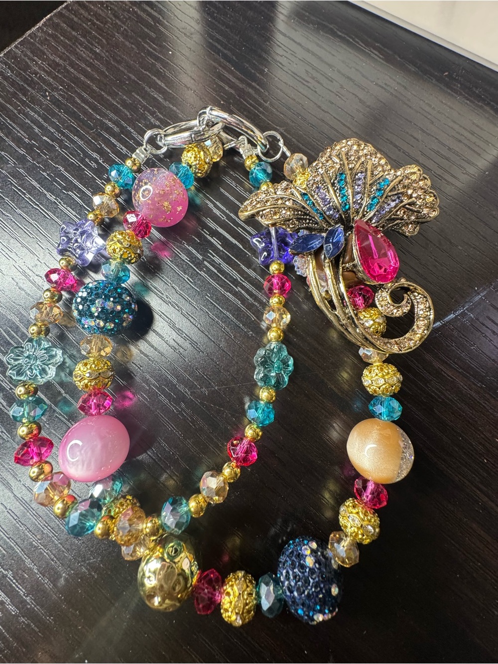 Handcrafted Multicolor Beaded Statement purse chain, Gold Tone Floral Pendant